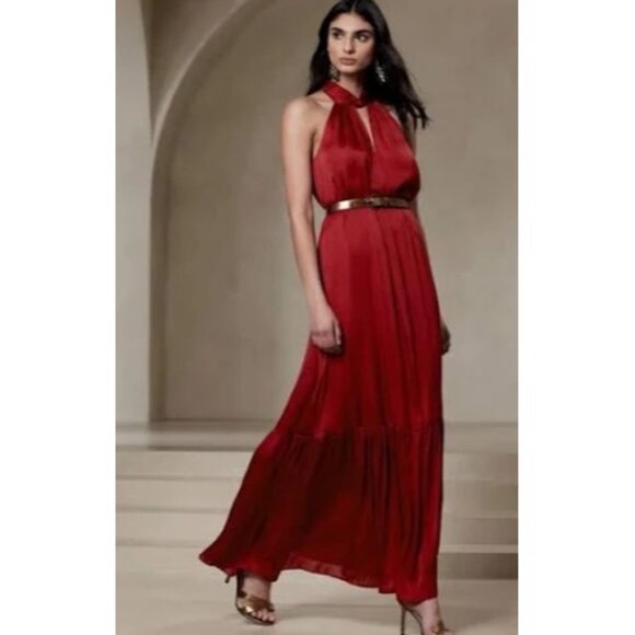 Banana Republic Twisted Maxi Dress Red Sleeveless Halter Neck Sz S /Tall- Long - Picture 1 of 14